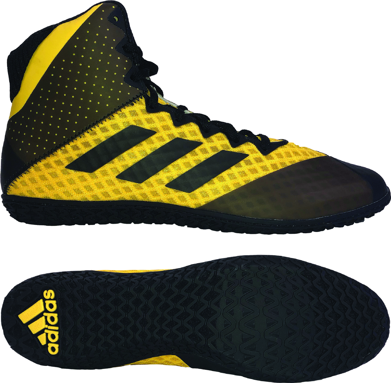 black and yellow adidas wrestling shoes